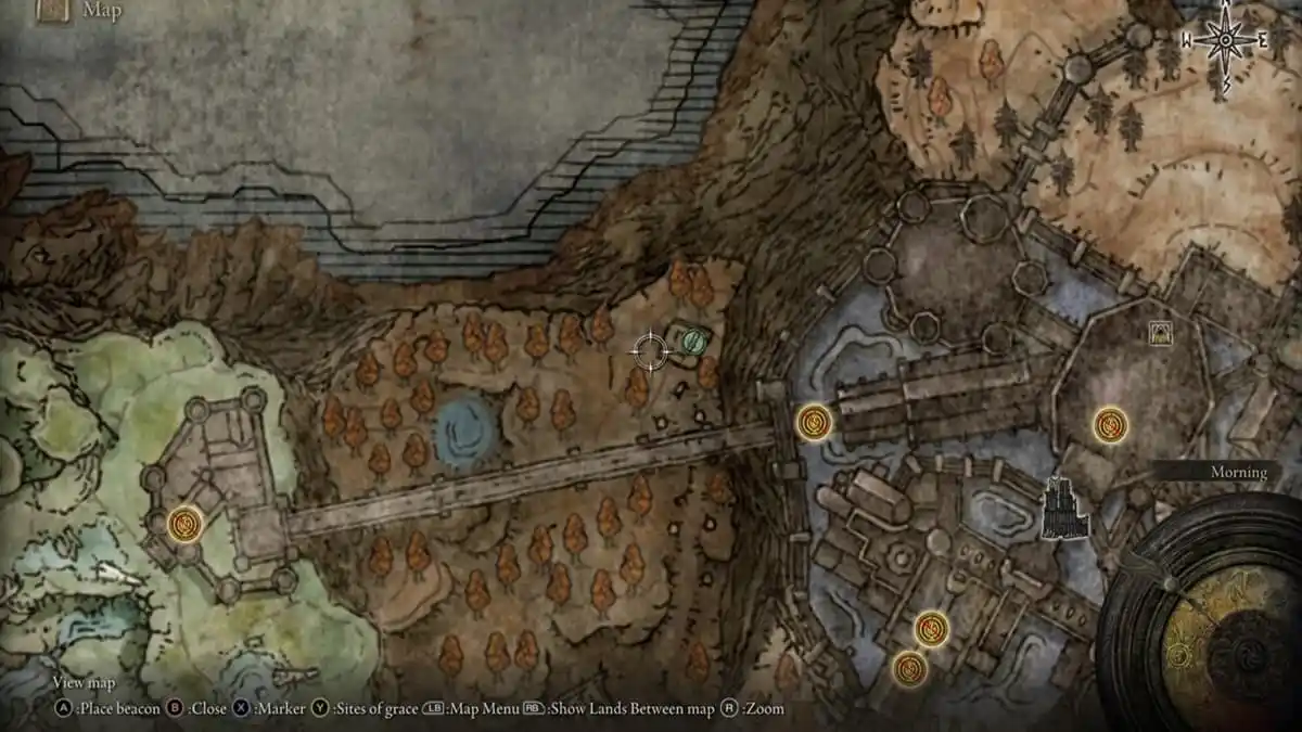 Elden Ring map showcasing the location of Taylew's Ruined Forge