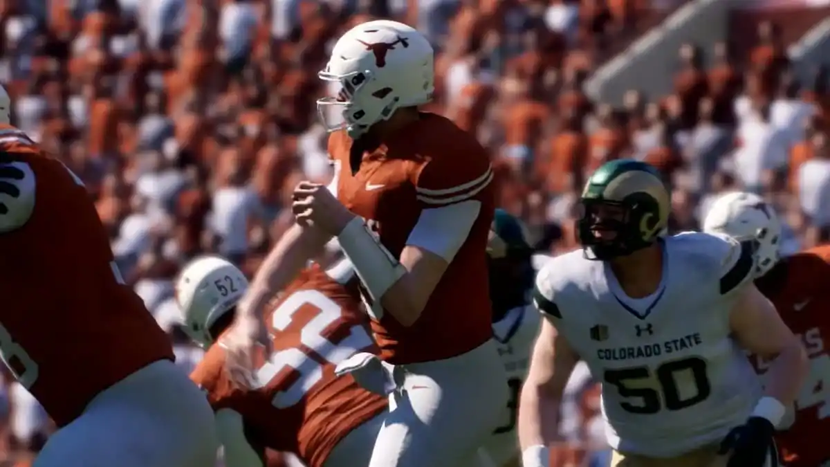 A football player makes a throw in the middle of a crowd of other players, seats in a stadium can be seen in the background.