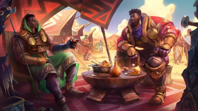 League of Legends character K'Sante and Tope sitting and laughing together