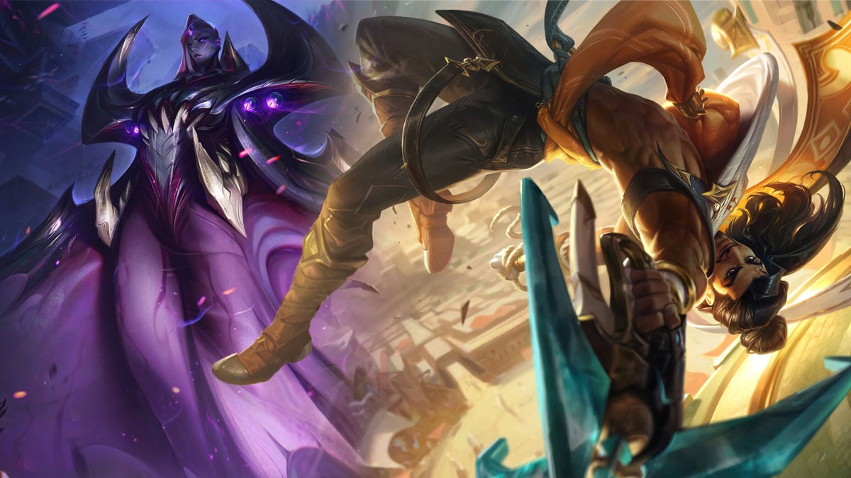 Bel'Veth (left), a winged demonic witch, and Akshan (right), upside down and firing a green harpoon, prepare for battle in League of Legends.