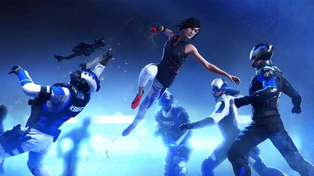 Mirror's Edge protagonist Faith fighting enemies.