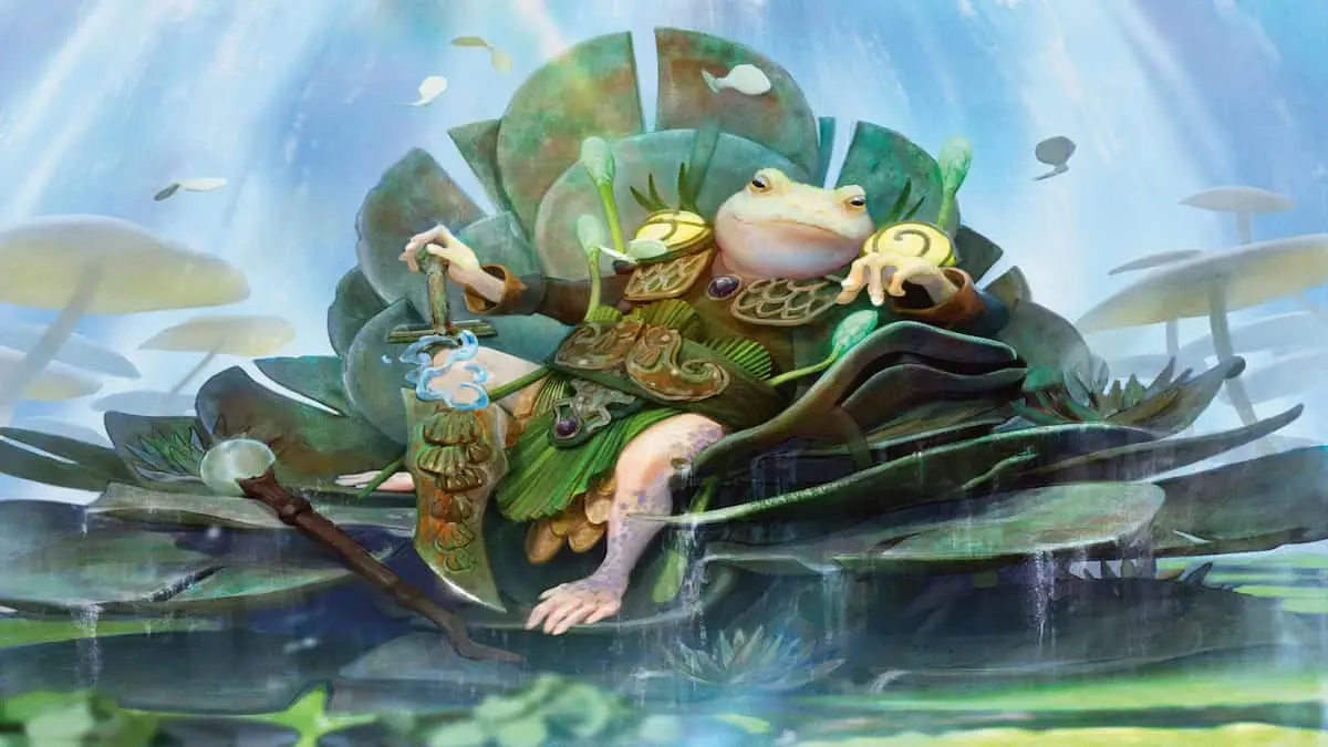 Glarb the Frog in MTG Bloomburrow sitting on his throne