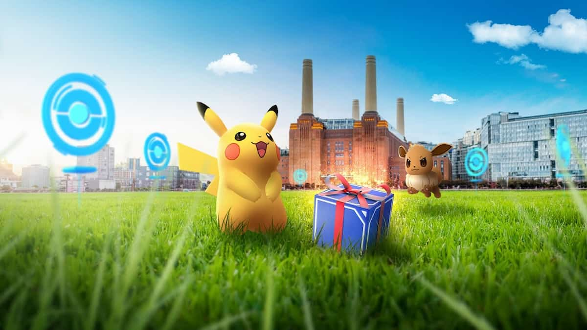 Pikachu and Eevee in front of PokeStops.