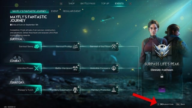 The Events tab in the Once Human main menu with an arrow pointing to the Redeem Code option.