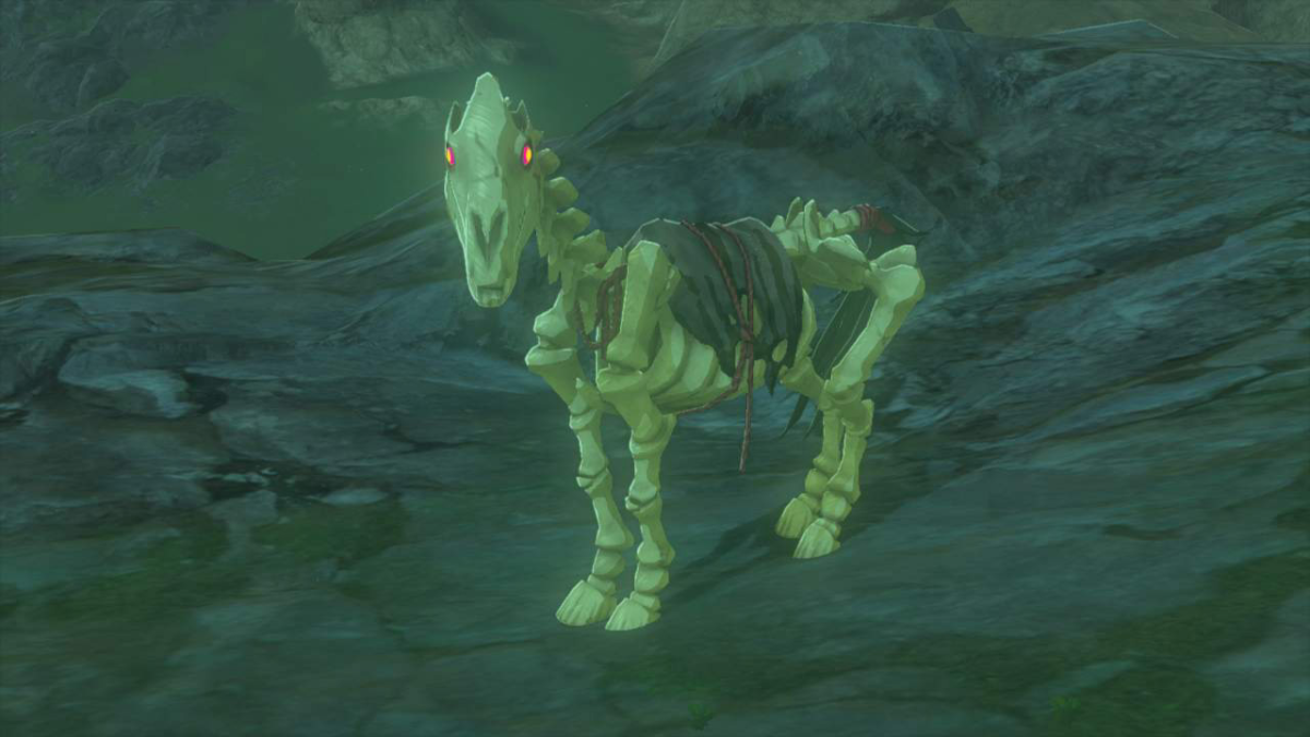 A skeleton horse from Tears of the Kingdom with glowing red eyes